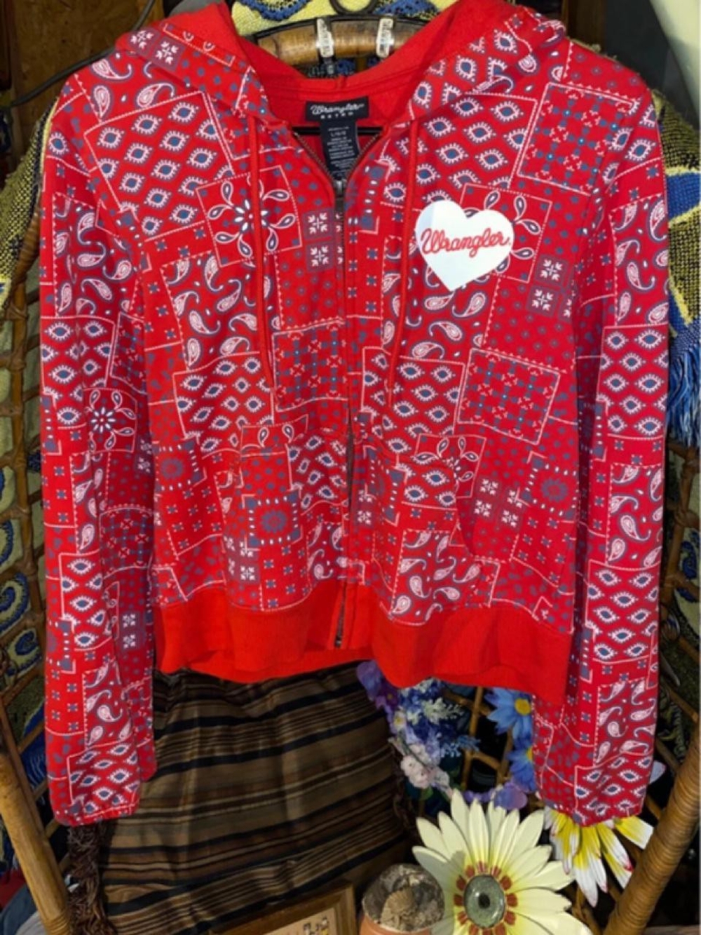 Wrangler Retro Red Paisley Bandana Print Crop Zip Up Hoodie Jacket L